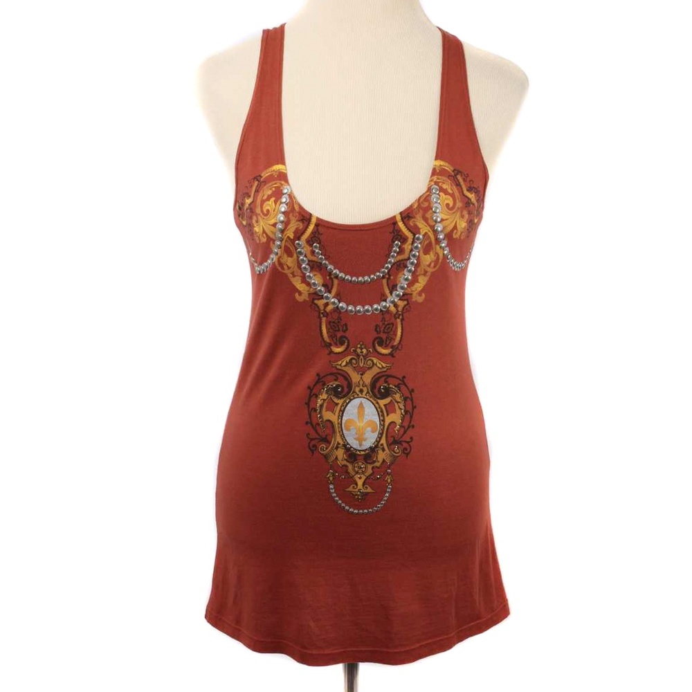 YVETTE MANDELL Orange Stud & Rhinestone Graphic Tank Women's Size L Y2K